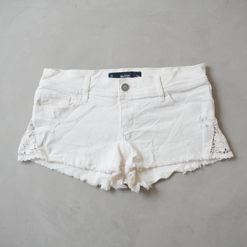 Hollister Micro Shorts Low Rise Jean Shorts 7 W28 White Crochet Lace Y2K